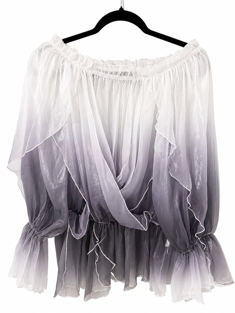 Sheer Ombre Peasant Blouse in White to Gray